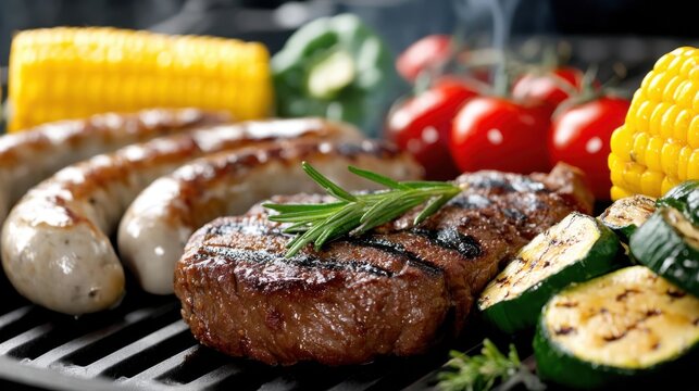 Appetizing grill: juicy steak with rosemary, sausages, vegetables, and grilled corn. Perfect for barbecues, meals, and summer fun.