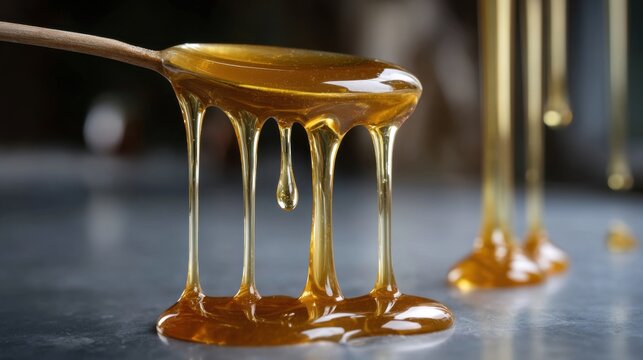A close-up of a wooden spoon dripping with honey. The golden streams, viscous texture, and soft background create a delicious and aesthetically pleasing image.