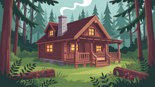 Cozy wooden cabin nestled in a dense evergreen forest with smoke rising log cabin - Powered by Adobe
