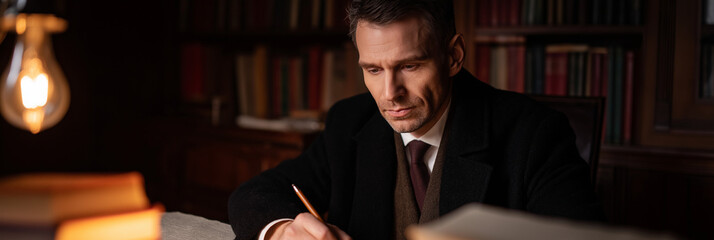 A contemplative man, dressed in formal attire, sits focused at a desk, writing in a dimly lit study, evoking the essence of creativity and literary expression.