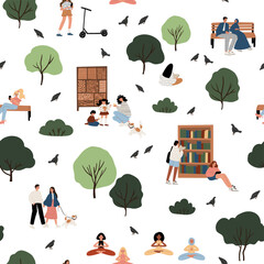 Seamless pattern with diverse people in city park. Caucasian, African American, Muslim, Asian characters reading, walking dog, meditating. Flat vector background design with trees, benches.