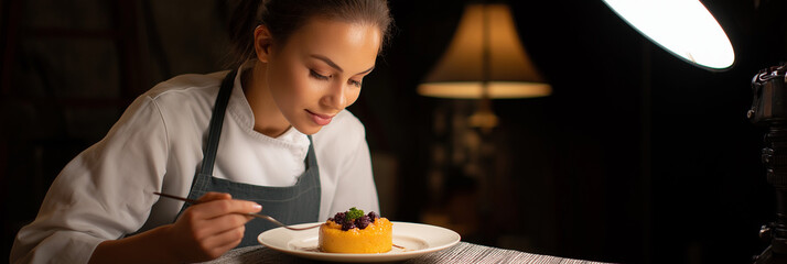A professional chef delicately garnishes a beautiful dessert plate, showcasing culinary artistry and passion for creating exquisite flavors and presentation in fine dining.