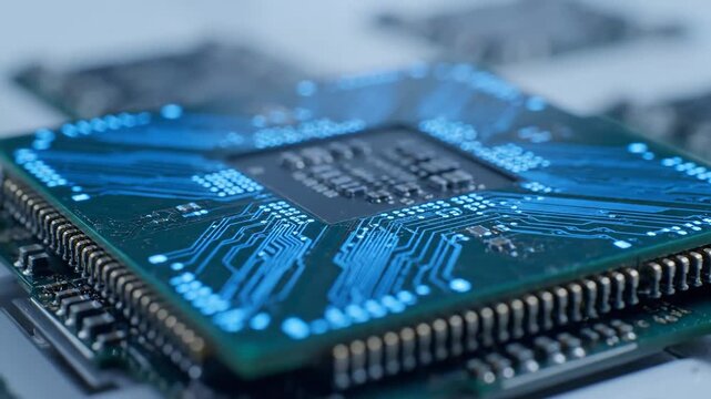 Computer Chip Macro - A macro shot of a computer chip, highlighting the intricate circuitry and design. The video showcases the complexity and precision of modern technology.