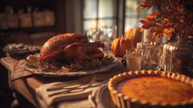 Dining table with roasted turkey, pumpkin pie, autumn leaves, cinematic ultra realistic 8k - Powered by Adobe