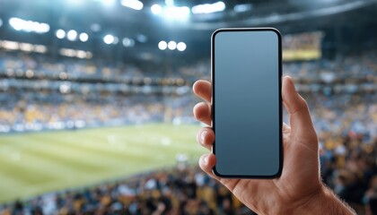 Perfect Image For Sports Apps: Male Hand Holding Smartphone With Blank Screen At Soccer Stadium, Showing Blurred Audience And Field. Ideal For Live Updates And Analytics.