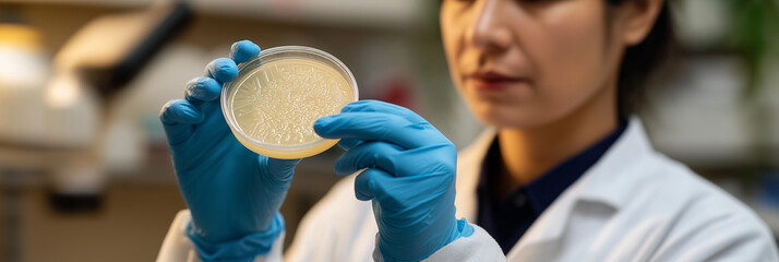 A focused scientist in a lab coat inspects a petri dish containing a microbial culture, demonstrating the meticulous nature of laboratory work and scientific inquiry in research.