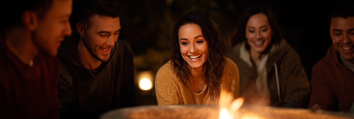A joyful gathering of friends around a glowing campfire under the night sky, sharing laughter and warmth while creating lasting memories of togetherness and friendship.