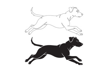 Black dog silhouette and line drawing running in motion