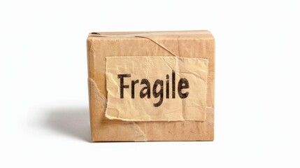 A small cardboard box labeled 'Fragile' with a worn paper tag. The box is light brown and has visible creases and tears.