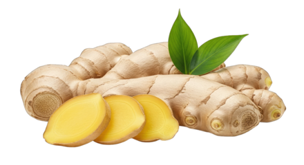 Fresh ginger root with slices and green leaves