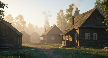 Obraz premium Rural village scene wooden houses in morning sunlight with smoke