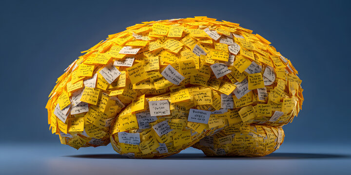 Human brain covered with yellow sticky notes symbolizing memory overload or task reminder concept on blue background. 3D Rendering. 3D Rendering