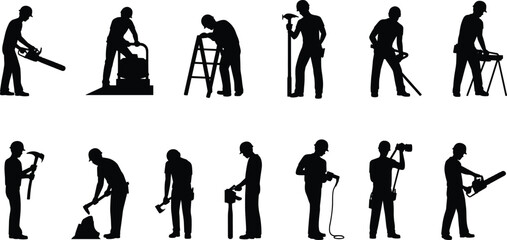 Obraz premium Construction worker silhouettes, tool usage icons, black vector set, manual labor poses, repair and maintenance graphics, job site illustration pack