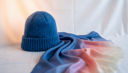 DeepSkyBlue hat and DeepSkyBluescarf draped against a white backdrop