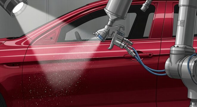 Modern automotive industry painting a shiny red car with an automated robotic arm and spray gun for a flawless finish, showcasing quality and precision