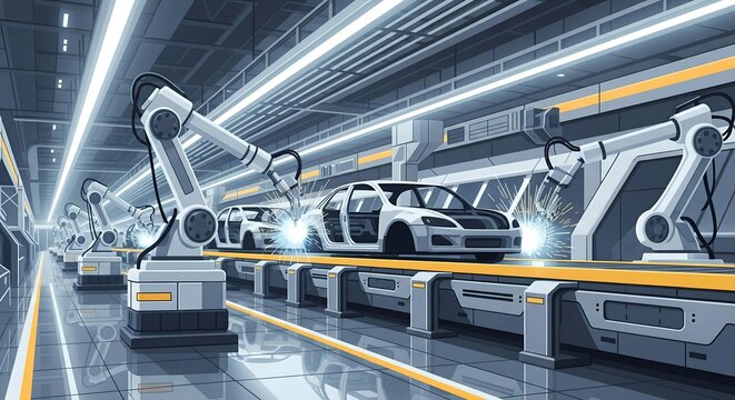 Modern automotive factory featuring robotic arms assembling vehicles on a production line, sparks flying in a clean, futuristic industrial setting - Powered by Adobe