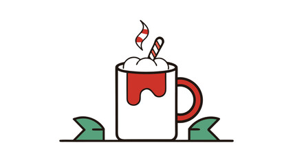 Cozy christmas hot chocolate with candy canes and whipped cream in a mug with festive decorations