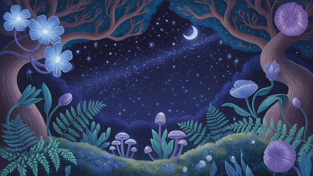 Enchanted forest night scene with glowing blue flowers and purple mushrooms magical
