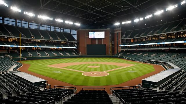Empty Baseball Stadium Interior - This video showcases the interior of a vast baseball stadium, featuring neatly arranged seating, a meticulously maintained green field, and bright stadium lighting.