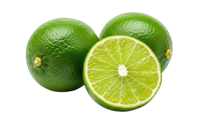 Fresh green limes one halved against black background