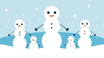 Happy snowman family standing together in a snowy winter landscape with falling snowflakes