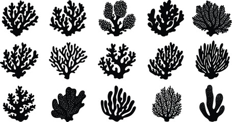 Coral silhouette set, marine shapes, ocean flora, reef design, underwater icons, black coral forms, sea life, nature illustration, biodiversity © All in one
