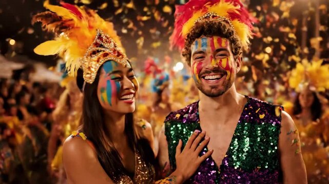 Festive Carnival Celebration - A couple dressed in sequined outfits and feathered headwear celebrates at a carnival.