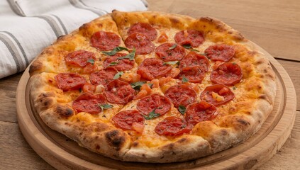 Culinary Delight. A Delicious Pizza with Pepperoni and Herbs on a Wooden Tray.