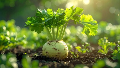 Fresh Celery Root Growing in the Garden Soil.