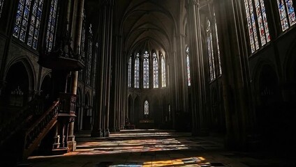 Sunlight streaming through stained glass windows in a grand cathedral interior. - Powered by Adobe