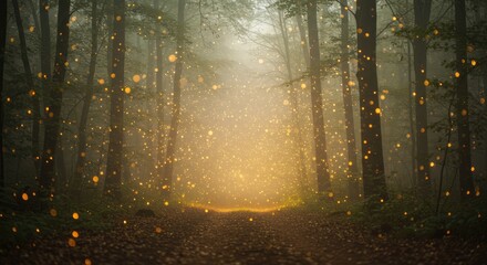 Mystical forest path with glowing lights and foggy atmosphere