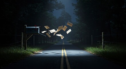 Mysterious scene of floating papers over a road at dusk