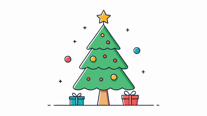 Festive cartoon christmas tree with star on top and presents underneath on white background