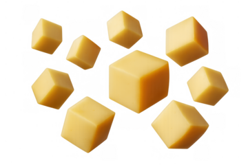 Yellow cheese cubes floating and scattering on transparent background, fresh dairy snack food ingredient