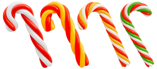 Set Of 3D Sweet Caramel Candy Cane With Pattern Of Red, Yellow, Green And White Stripes. Traditional Christmas And New Year Festive Delicacy And Decor. Isolated On Transparent Background