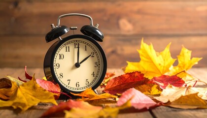 Autumn Time Change - Clock Surrounded by Colorful Fall Leaves.