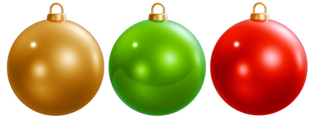 Christmas Balls Set. Shiny Glossy 3D Baubles in Red, Gold, and Green Colours. Christmas And New Year Holiday Decoration Ornaments. Isolated On Transparent Background