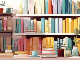 Cozy bookshelf arrangement with books plants and decorative objects illustration
