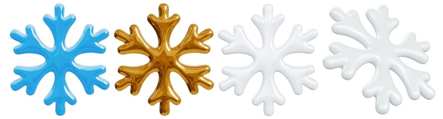 Snowflakes Set. Glossy Metallic Gold, Blue And White Winter Design Elements, Frost Icon. 3D Christmas And New Year Holiday Decorations, Front View. Isolated On Transparent Background