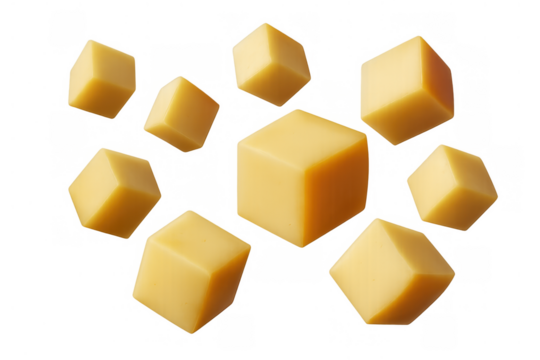 Yellow cheese cubes floating and scattering on transparent background, fresh dairy snack food ingredient