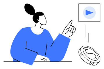 Female character raises hand toward play button symbolizing action, digital content, or decision-making. Coin nearby implies monetization or transaction. Ideal for concepts in creativity, finance