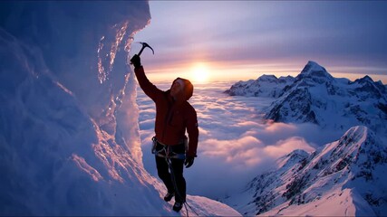 Ice Climber at Sunrise - A lone ice climber ascends a frozen cliff face, his silhouette framed against a vibrant sunrise. - Powered by Adobe