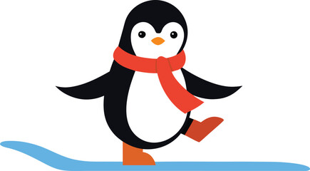 Cute cartoon penguin wearing a red scarf and orange skates on an ice surface