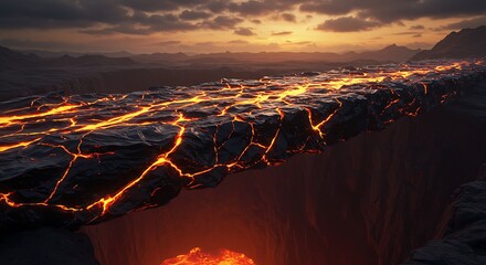Molten lava flowing through cracks in stone at sunset dramatic landscape