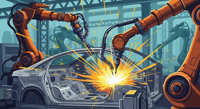 Dynamic robotic arms welding a car frame in a modern factory - automation, manufacturing, and industrial technology, perfect for innovative concepts