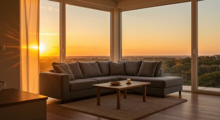 Modern living room with large windows overlooking a vibrant sunset view