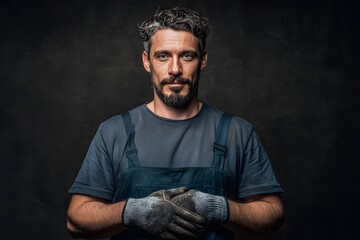 Man with a beard and glasses is standing in front of a wall. He is wearing a blue shirt and blue overalls
