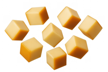 Cheese cubes falling, yellow dairy food snack and appetizer, preparing delicious healthy gourmet meal, transparent background