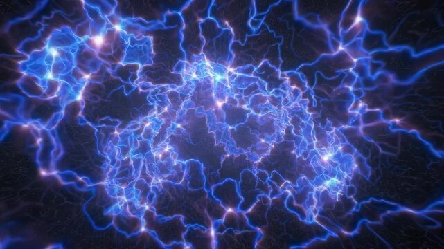 A vivid display of electric blue energy pulses throughout a dark void, creating an intriguing visual phenomenon. This blue energy and dark setting combine to form a captivating sce