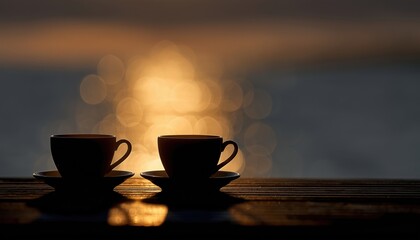 Silhouette Of Cups Glimmering In The Rays Of The Morning Sun And Sea, Creating A Serene And Peaceful Atmosphere.
